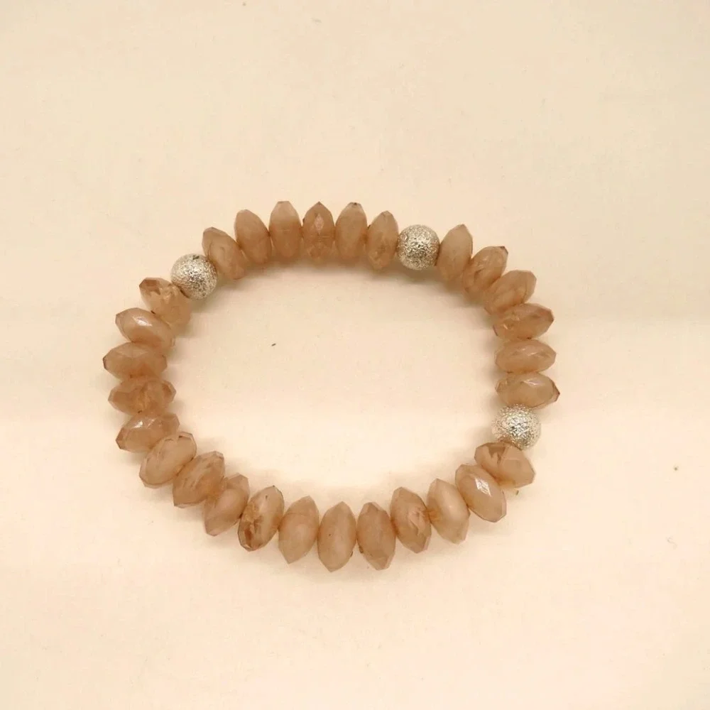 Beaded Stretch Bracelet‎ Faceted Light Pink Peach Silver Tone Beads